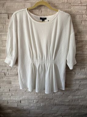 Alfani White Textured Peplum-Style Short Sleeve Top